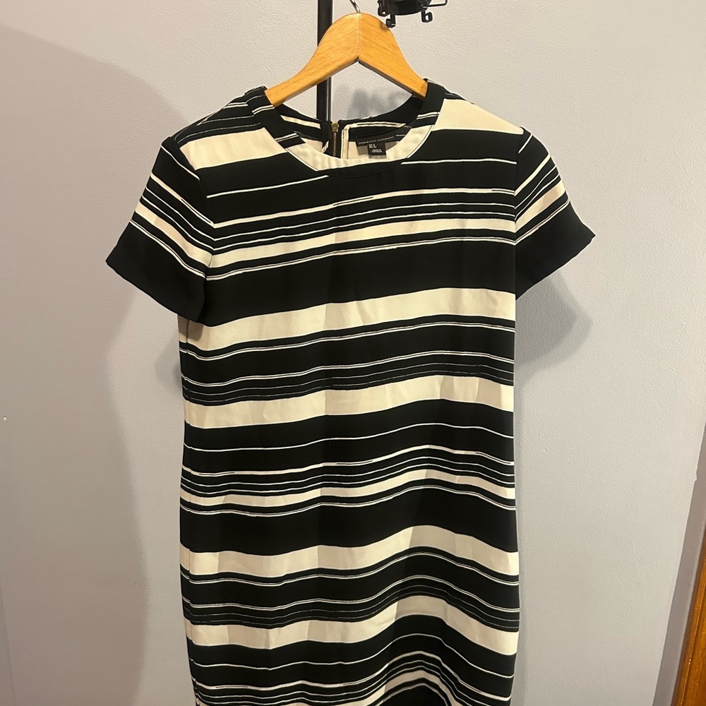Adrienne Vittadini Black and Cream Striped Mini Dress